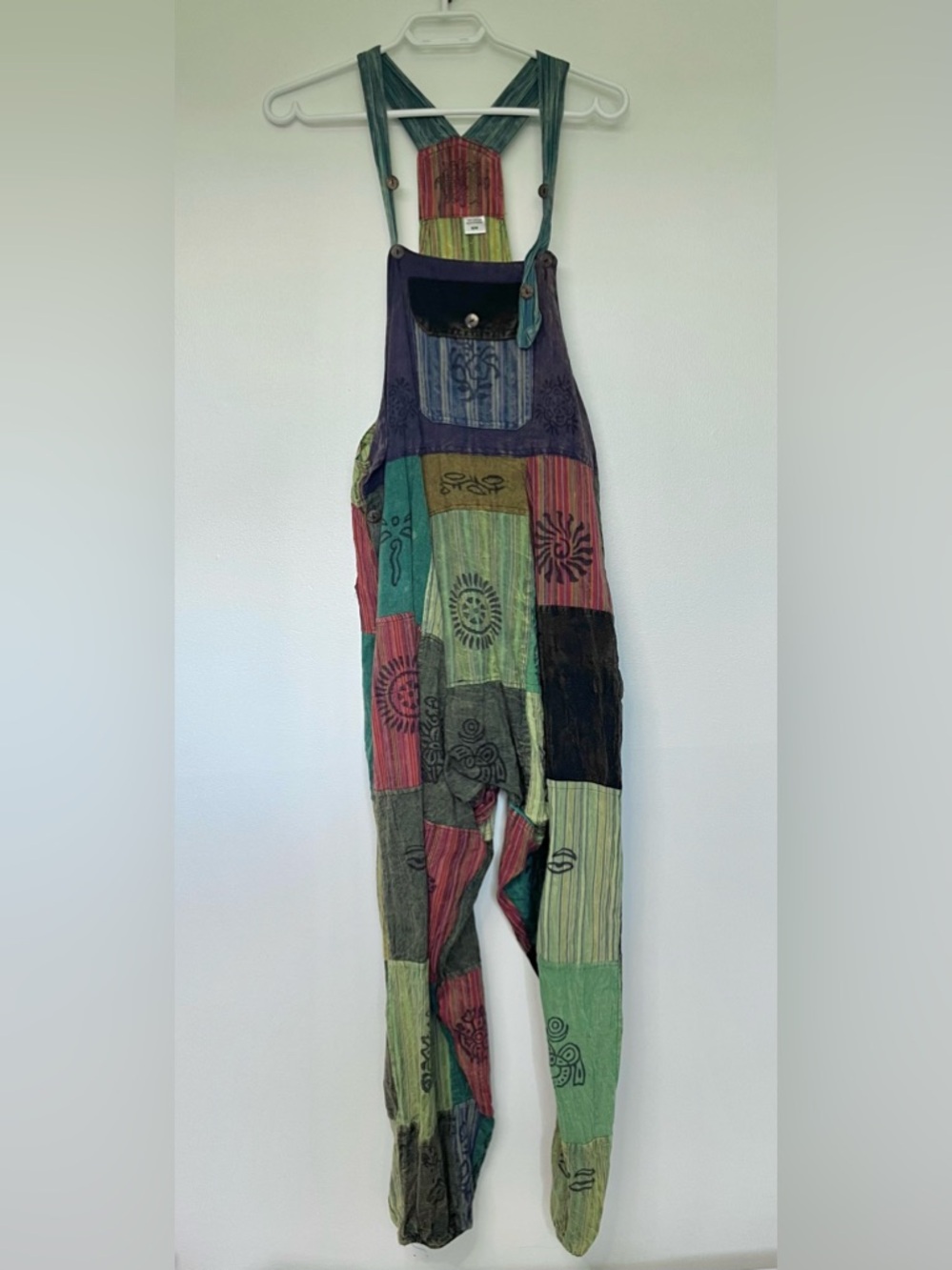 Patchwork Boho Hippie Dungarees Overalls in Green, Purple, Teal, Red, Brown